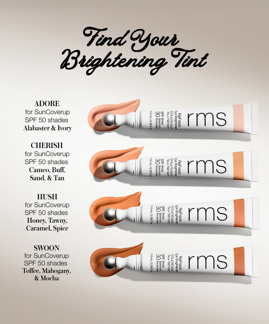 Four shades of ReFresh Eye Brightener Broad Spectrum SPF 30 + Correcting Tint displayed with applicator tips showing colors Adore, Cherish, Hush, and Swoon for various SunCoverup SPF 50 complexions.