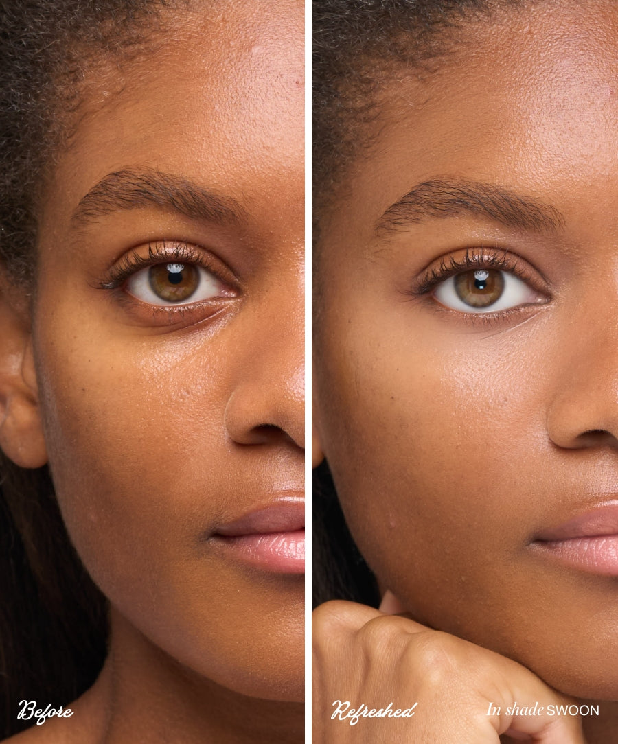 Close-up comparison of a woman's face showing before and after effects of ReFresh Eye Brightener Broad Spectrum SPF 30 + Correcting Tint, highlighting a smooth, even complexion with natural-looking coverage and brightened under-eye area.