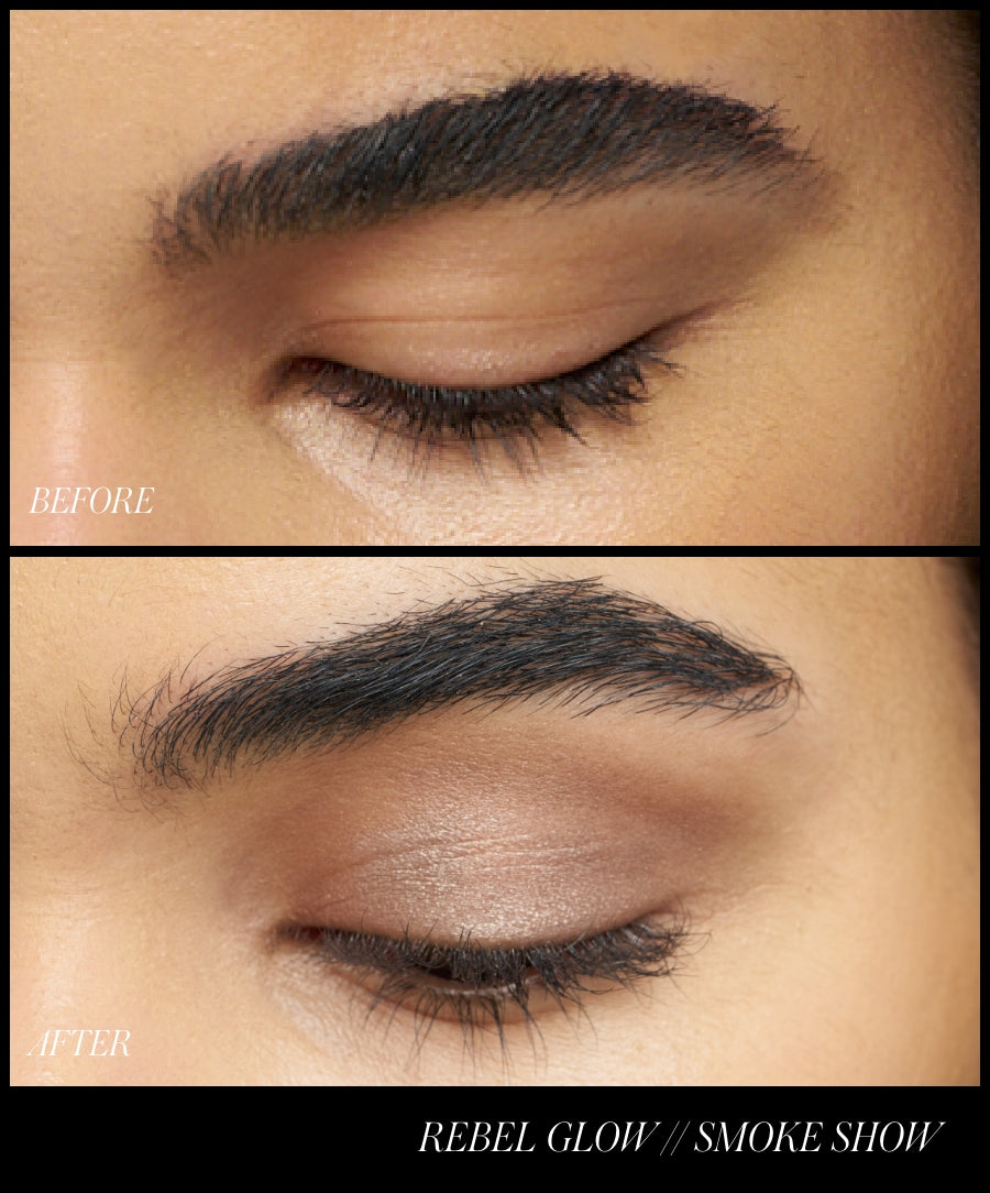 Close-up comparison of a closed eye before and after applying ReDimension Hydra Eyes Quartet eyeshadow in neutral tones, showcasing enhanced eyelid color and subtle shimmer using clean, natural ingredients.