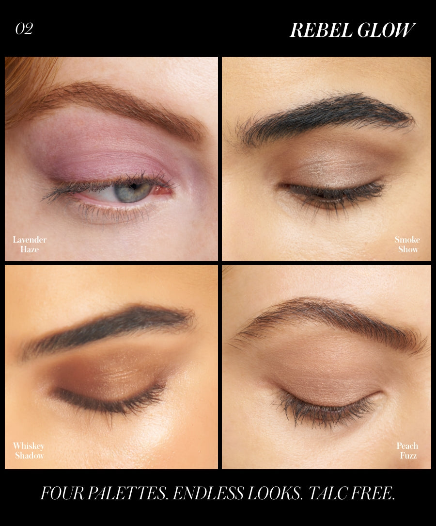 ReDimension Hydra Eyes Quartet showing four eye makeup looks with soft, natural shades including lavender, smoky taupe, warm brown, and peach, highlighting clean beauty and cruelty-free makeup.