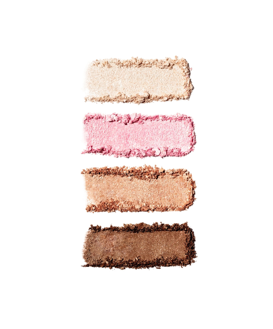 Swatches of four shimmering shades including champagne, pink, bronze, and deep brown from the ReDimension Daily Glow Palette, showcasing clean beauty with natural ingredients.
