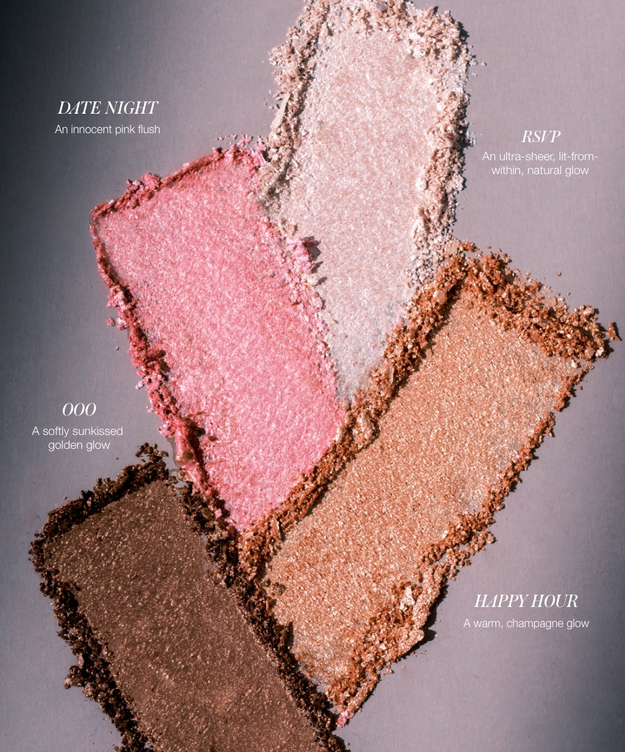 ReDimension Daily Glow Palette swatches showcasing four shades: Date Night pink flush, RSVP natural glow, 000 golden glow, and Happy Hour warm champagne glow with a shimmering finish.