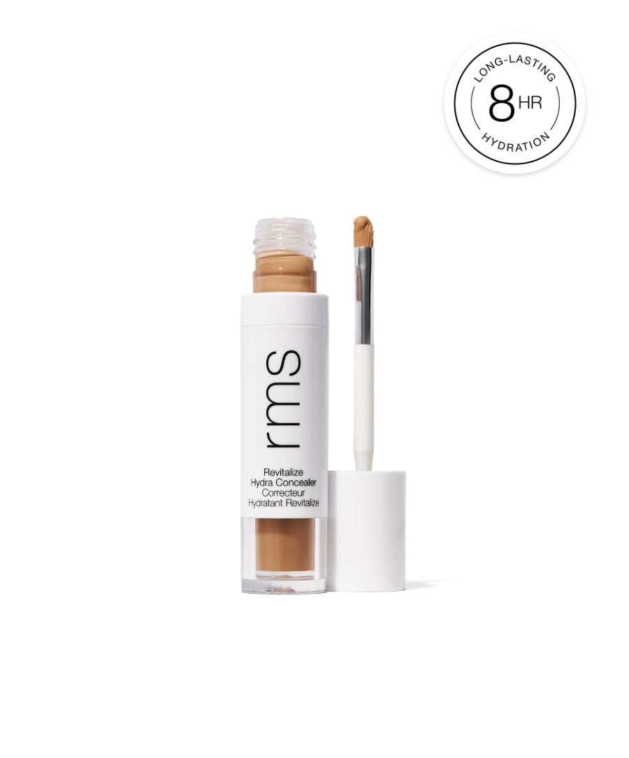 Revitalize Hydra Concealer with applicator wand, featuring creamy beige formula in sleek white packaging, highlights long-lasting hydration for up to 8 hours.