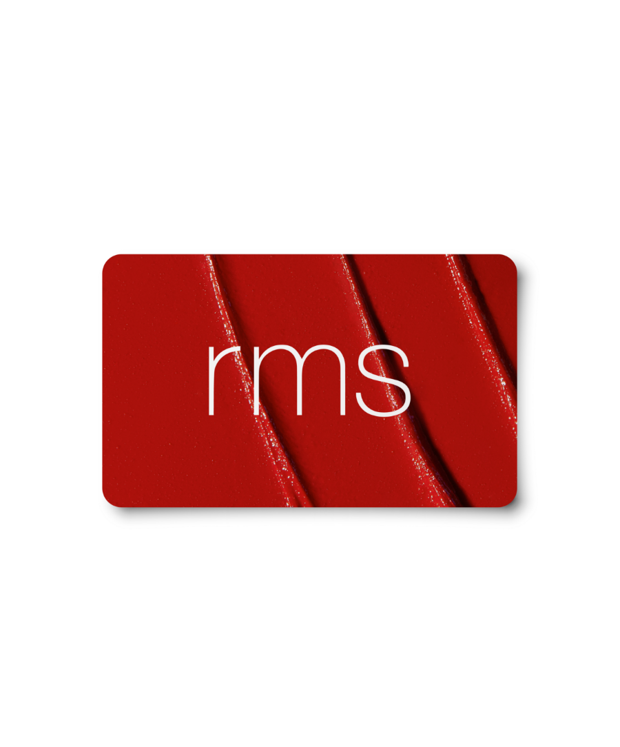 E-Gift Card featuring a sleek red textured background with the white rms logo, designed for clean beauty and sustainable packaging enthusiasts.