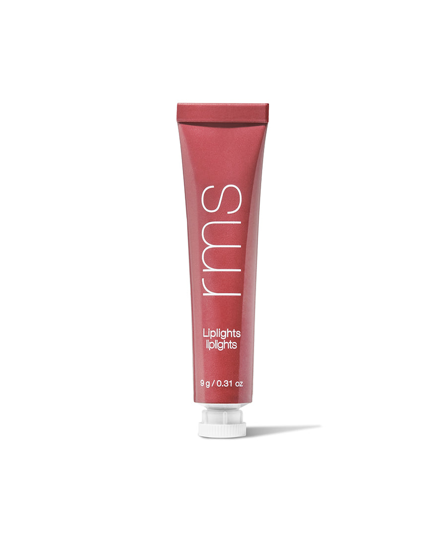 RMS Beauty Liplights Cream Lip Gloss in a warm rose shade with sleek recyclable packaging, featuring clean, cruelty-free ingredients for natural, skincare-infused makeup.