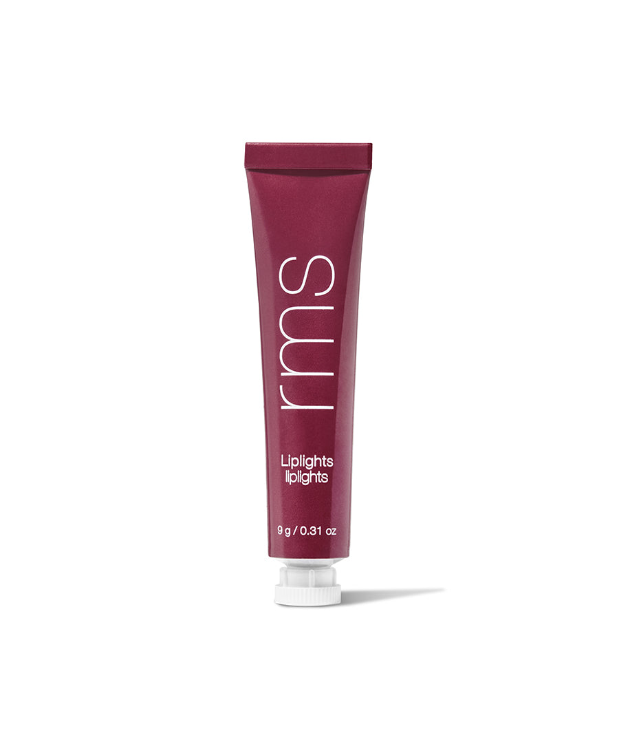 Tube of RMS Beauty Liplights Cream Lip Gloss in a deep berry shade with a clean, modern design, highlighting natural and cruelty free makeup.