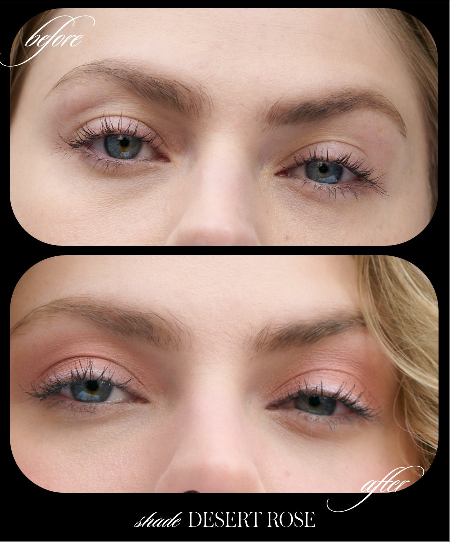 Close-up of a woman's eyes before and after applying Cashmere Matte Eyelights in a soft, matte desert rose shade, showcasing natural-looking clean beauty makeup.