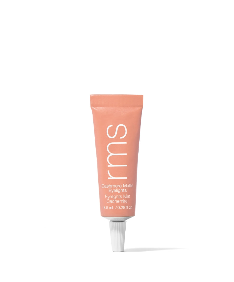 Tube of Cashmere Matte Eyelights in a soft desert rose shade by RMS Beauty, featuring clean beauty ingredients and cruelty free skincare infused makeup.