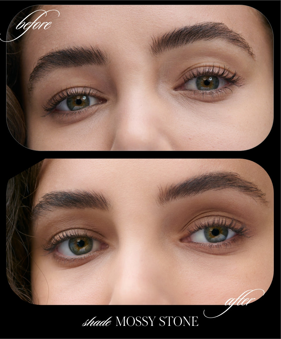Close-up of a woman's eyes showing before and after using Cashmere Matte Eyelights in the Mossy Stone shade, highlighting smooth, natural-looking eyeshadow with a matte finish.