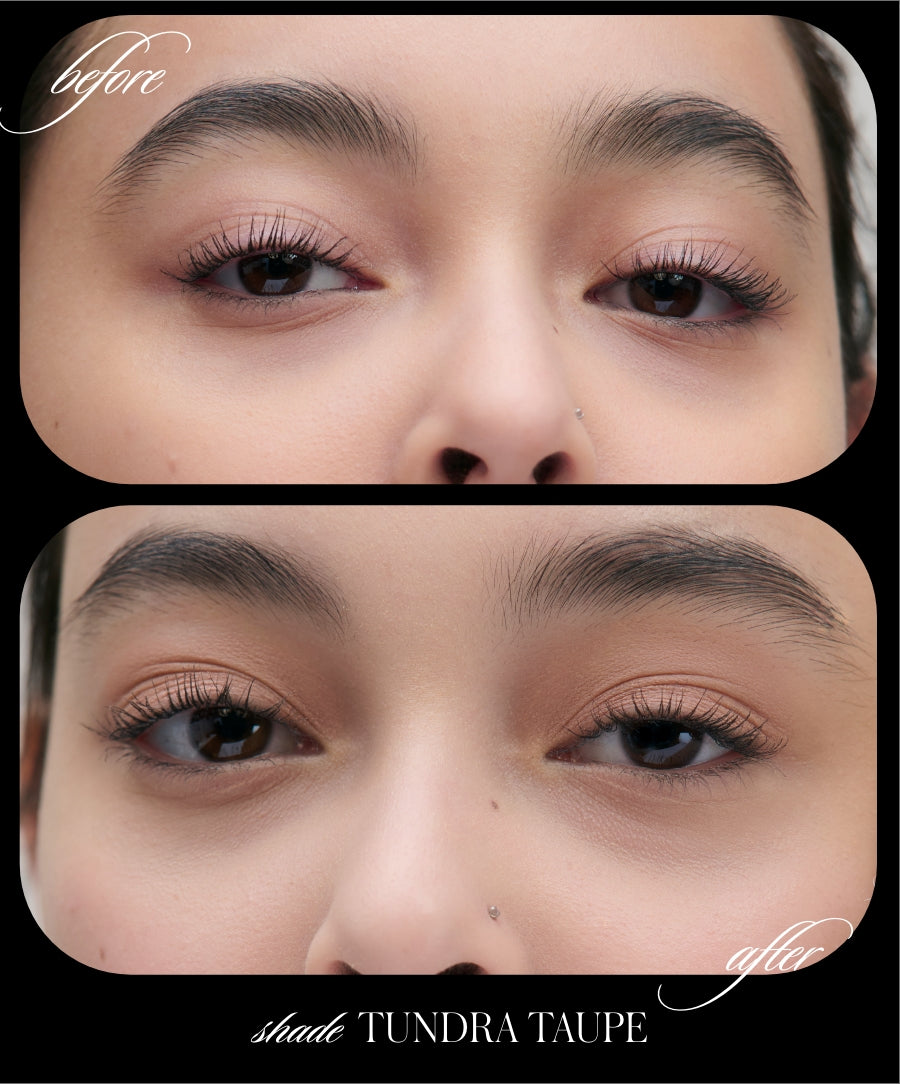 Close-up of a woman's eyes before and after applying Cashmere Matte Eyelights in a soft taupe shade, highlighting a natural, clean beauty makeup look.