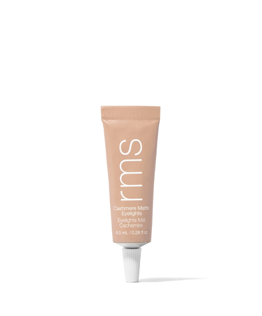 Tube of Cashmere Matte Eyelights makeup in soft taupe shade, featuring clean beauty and natural ingredients, designed for a smooth matte finish and sustainable packaging.