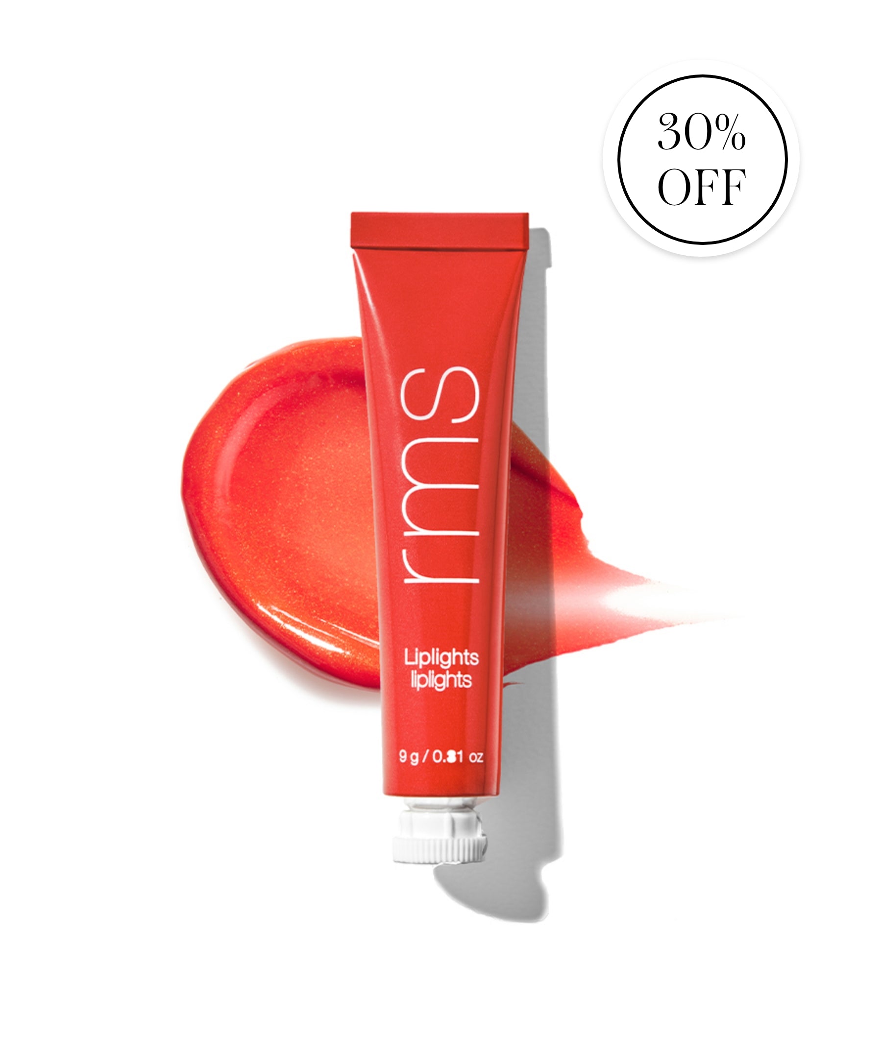 Red tube of rms Liplights Cream Lip Gloss with vibrant coral swatch behind it, highlighting smooth, creamy texture and lush finish, displayed with 30 percent off promotion.