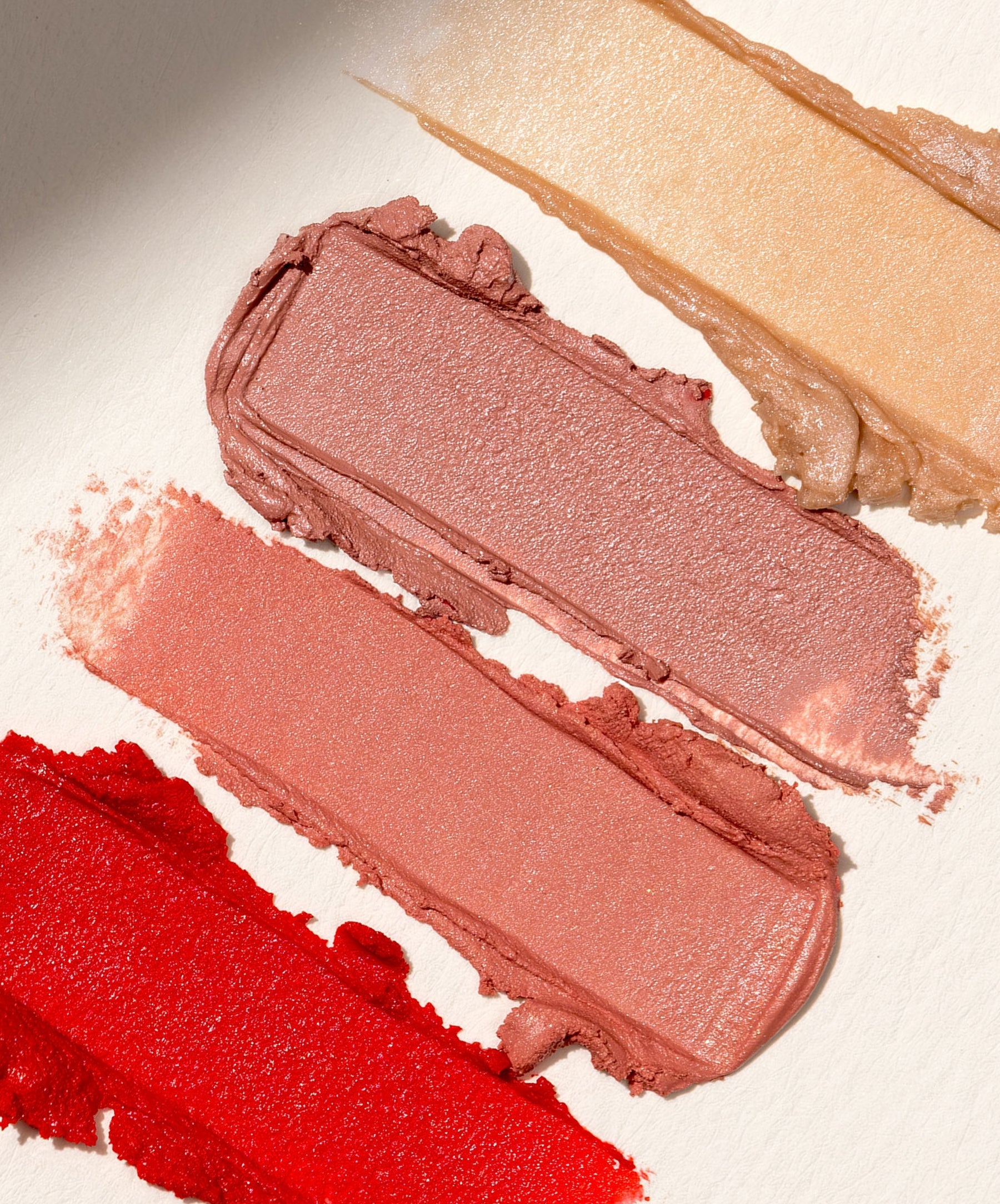 RMS Lip2Cheek Glow Quad Mini Shade Swatches: Beloved Lip2Cheek, Spell Lip2Cheek, Lost Angel Lip2Cheek, and Champagne Rose Luminizer