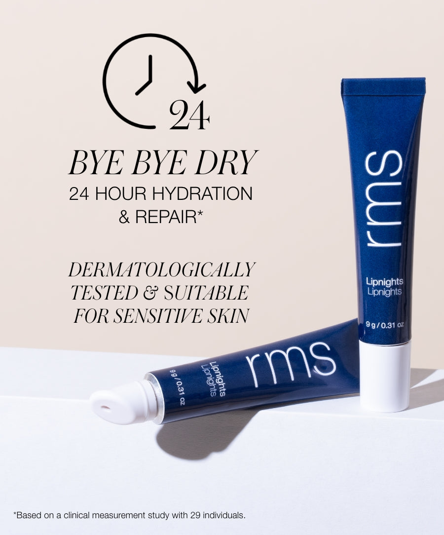 Two blue tubes of Lipnights Overnight Lip Mask by RMS Beauty with text highlighting 24-hour hydration and repair, dermatologist tested and suitable for sensitive skin.