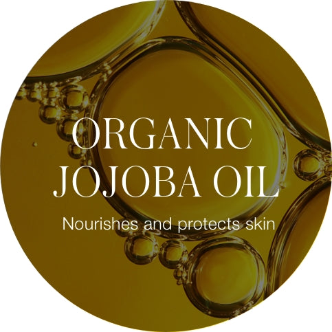 Close-up view of golden jojoba oil droplets with text overlay stating "Organic Jojoba Oil" and "Nourishes and protects skin" on a circular background.