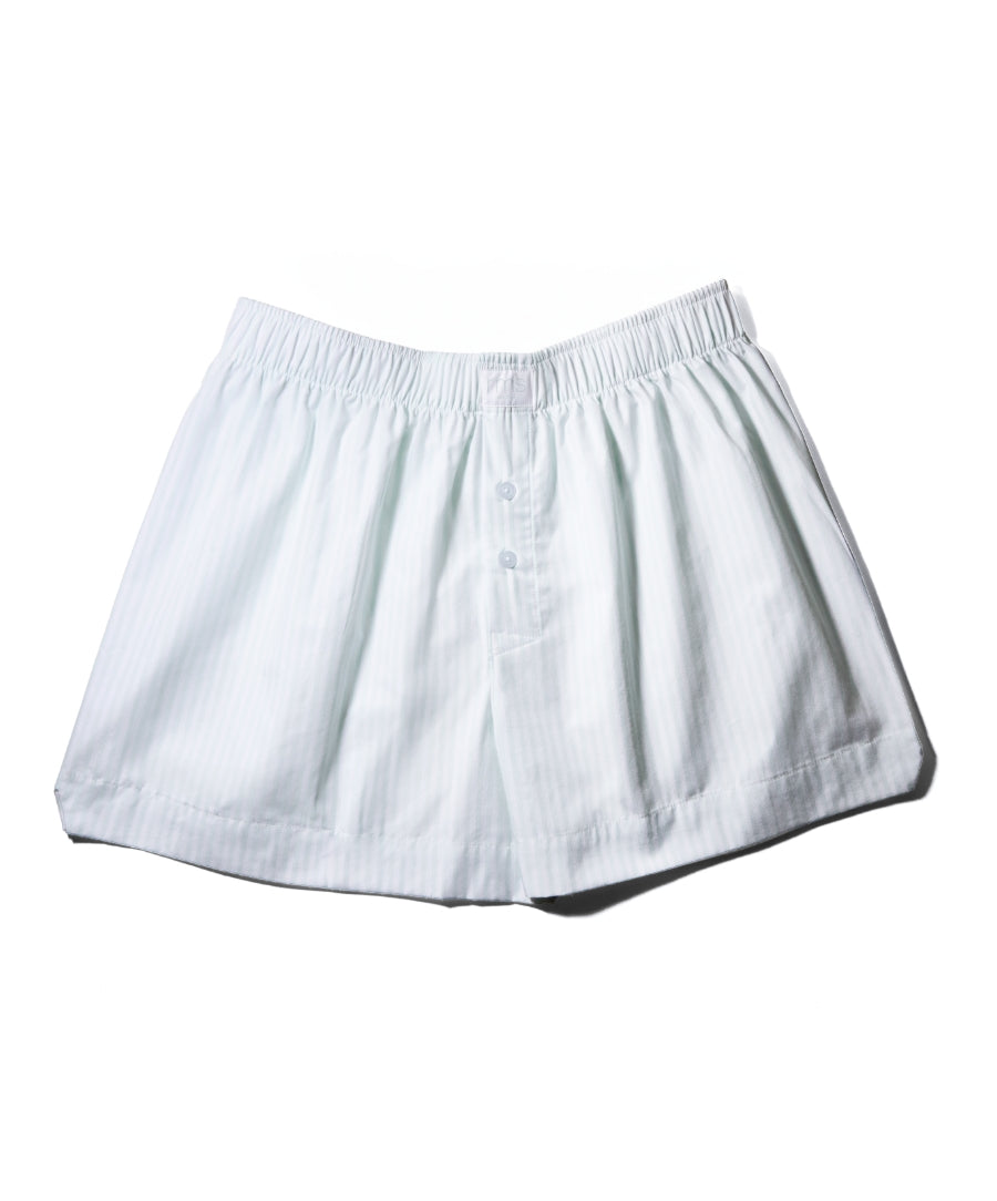 Striped Sleep Shorts in light fabric with subtle white vertical stripes, featuring an elastic waistband and front button closure for a comfortable, relaxed fit.