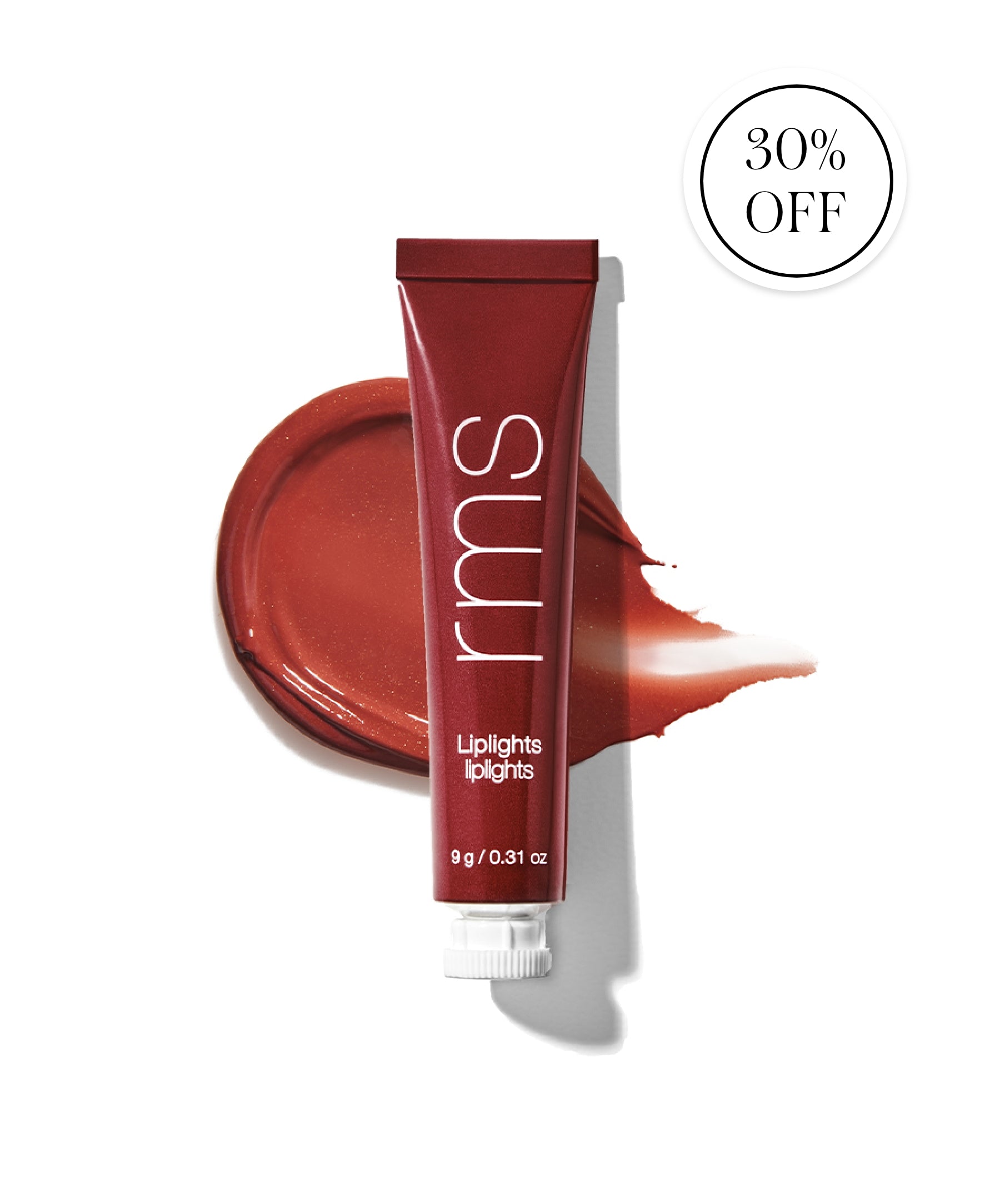 Tube of Liplights Cream Lip Gloss in a warm rose shade with a swatch of the glossy color behind it, highlighting clean beauty and sustainable packaging.