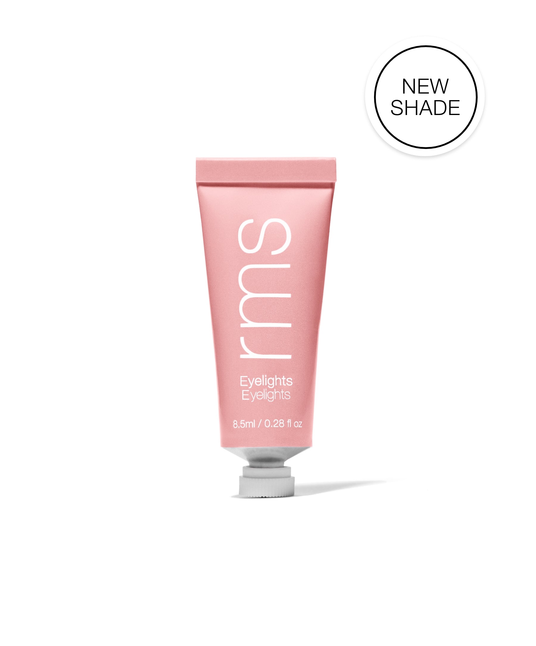 Pink tube of Eyelights Cream Eyeshadow from RMS Beauty displayed against a white background with a "New Shade" label.