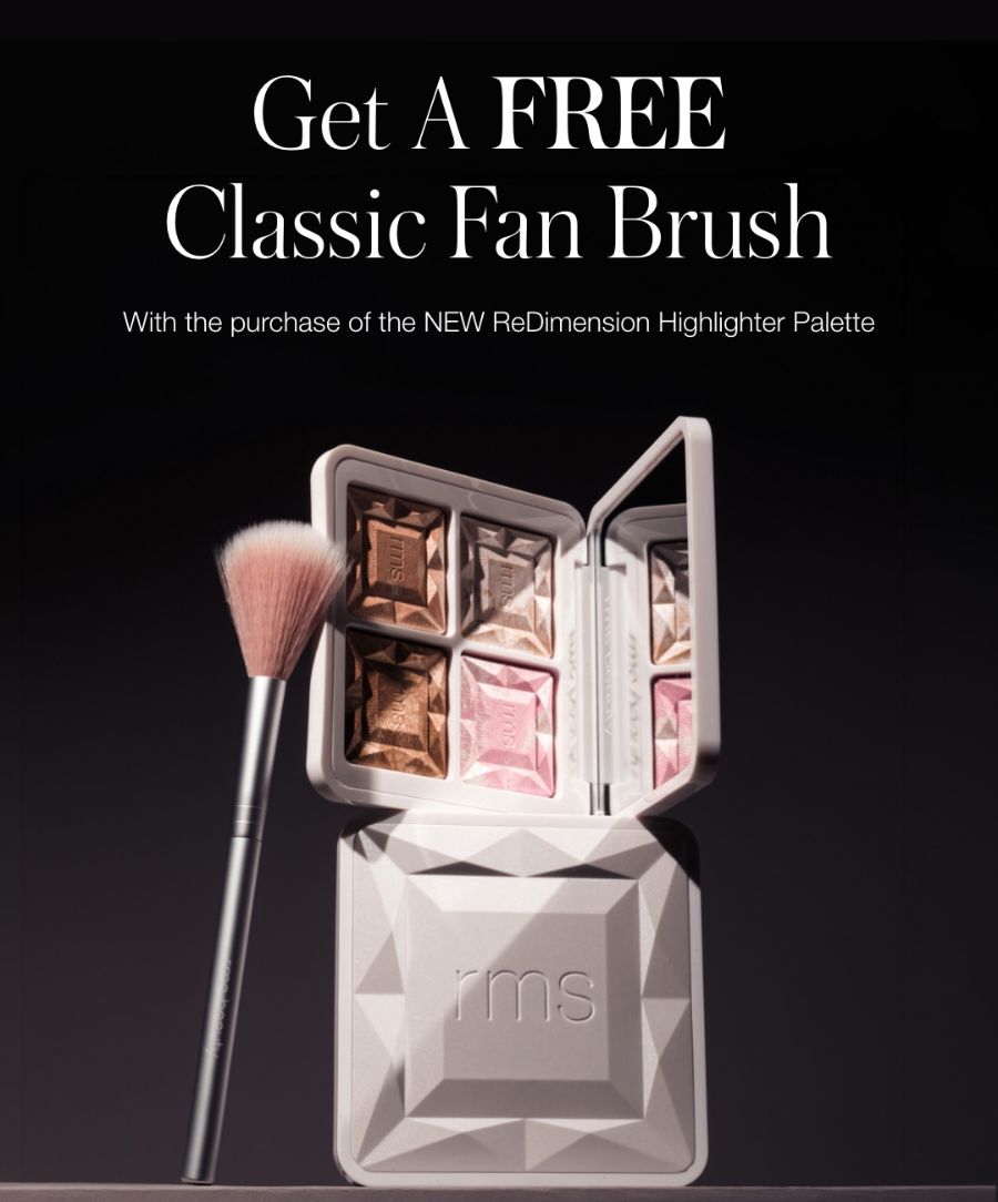 Open ReDimension Daily Glow Sheer Highlighter Palette displaying four shimmer shades alongside a classic fan brush with a light pink bristle head on a dark background.