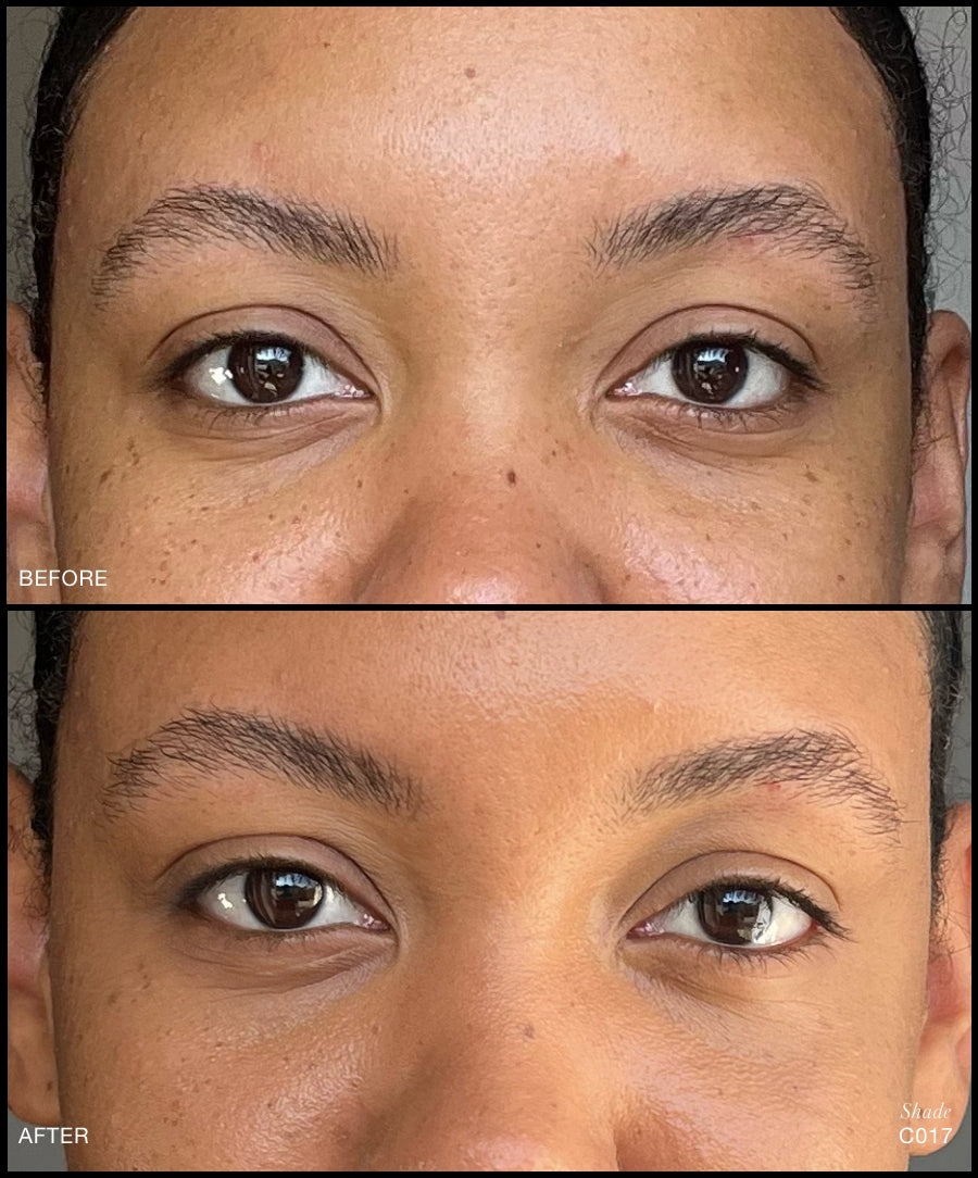 Close-up comparison of a person's eyes before and after applying Revitalize Hydra Concealer, showing even skin tone and reduced dark circles with natural finish.