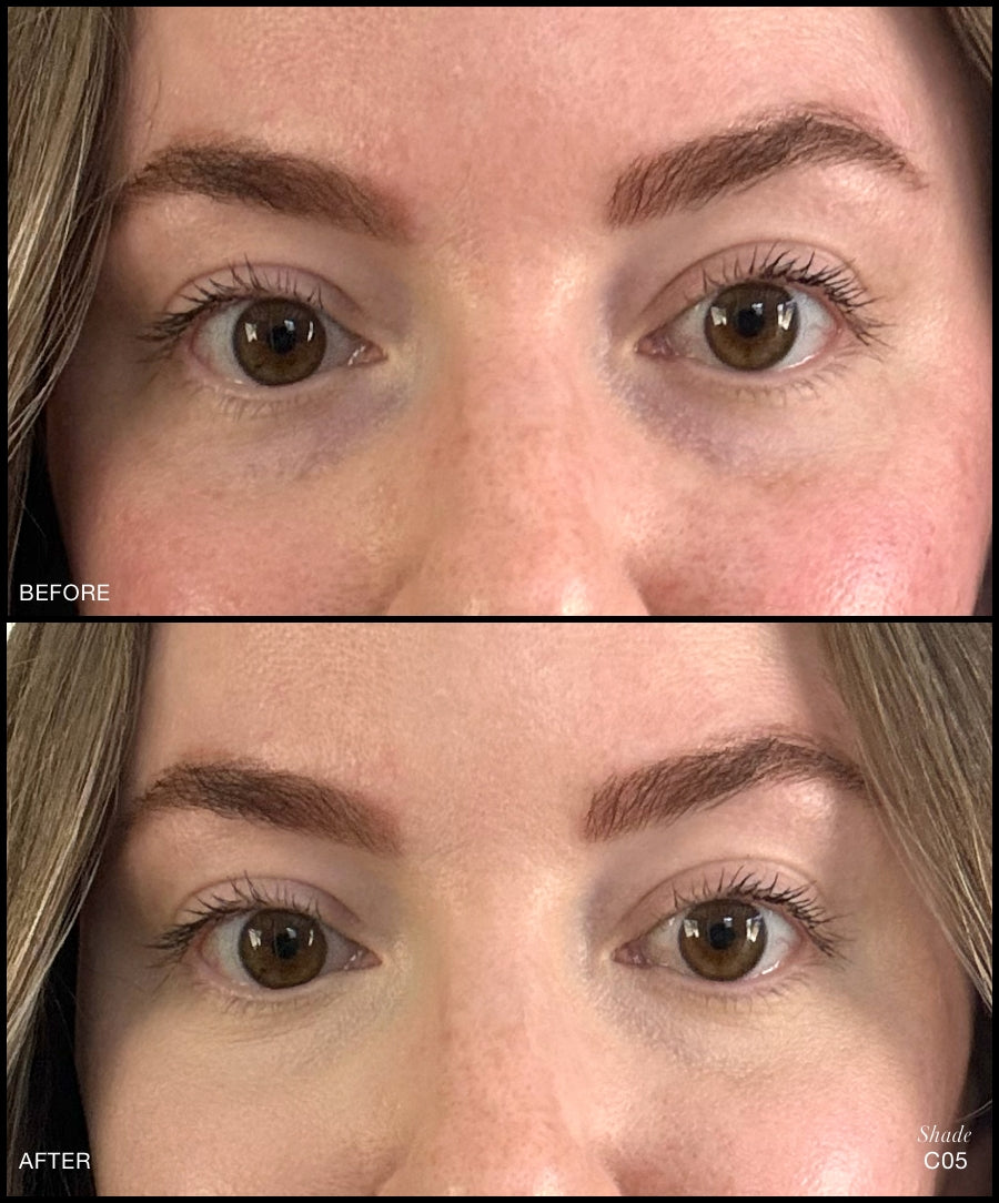 Close-up comparison of a woman's eyes and under-eye area before and after applying Revitalize Hydra Concealer in shade C05, showing reduced dark circles and a smoother complexion.
