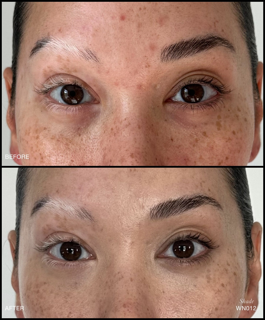 Close-up before and after images of a woman's eyes showing the coverage effect of Revitalize Hydra Concealer on dark circles and uneven skin tone using clean beauty, natural ingredients, and cruelty free makeup.
