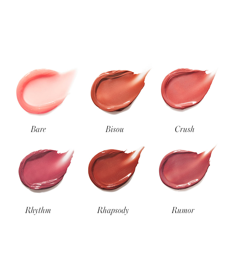 Swatches of Liplights Cream Lip Gloss in six shades showcasing smooth, creamy textures with a range of natural and warm tones including Bare, Bisou, Crush, Rhythm, Rhapsody, and Rumor.