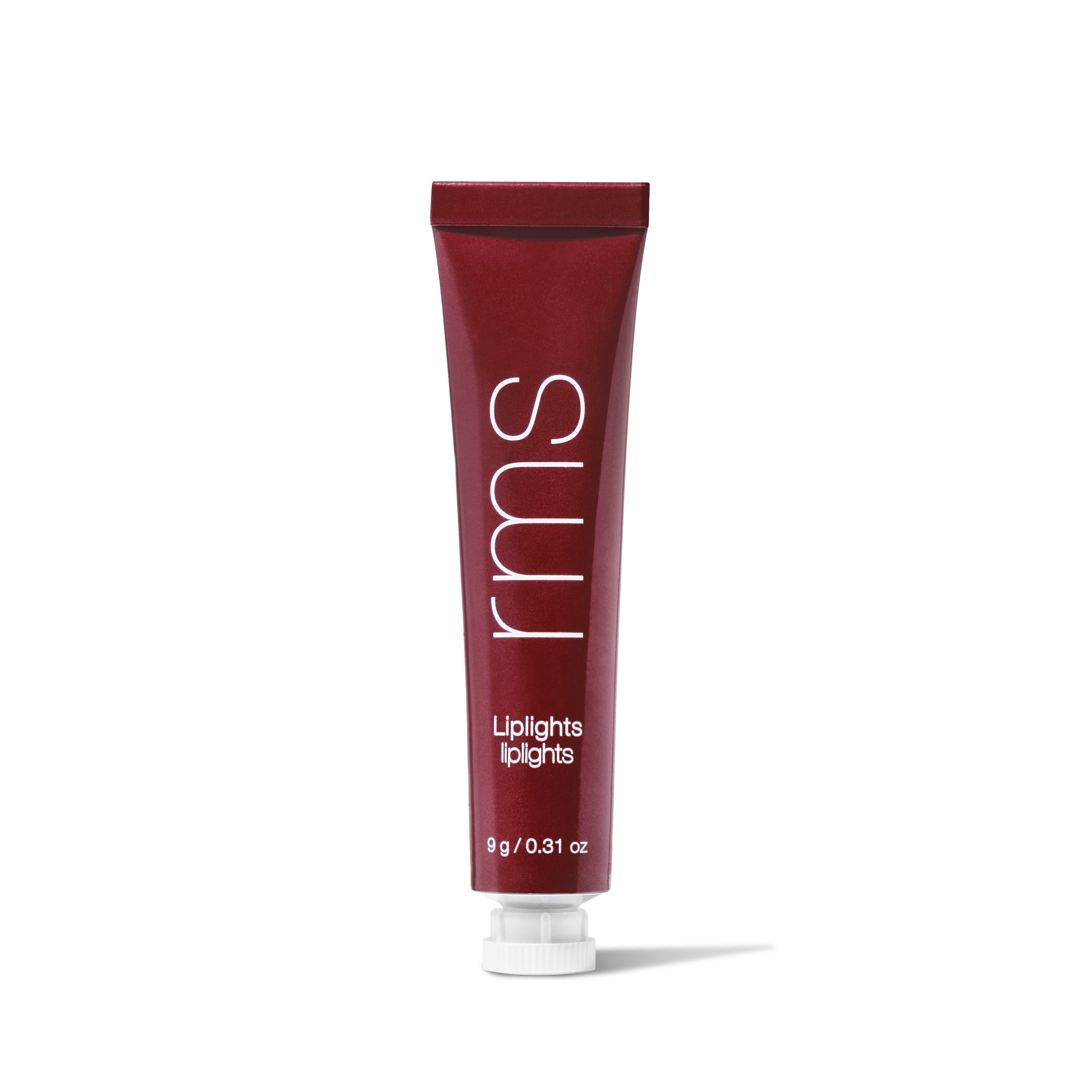 Tube of Liplights Cream Lip Gloss in a deep berry shade with minimalist white lettering, showcasing clean beauty and sustainable packaging by RMS Beauty.