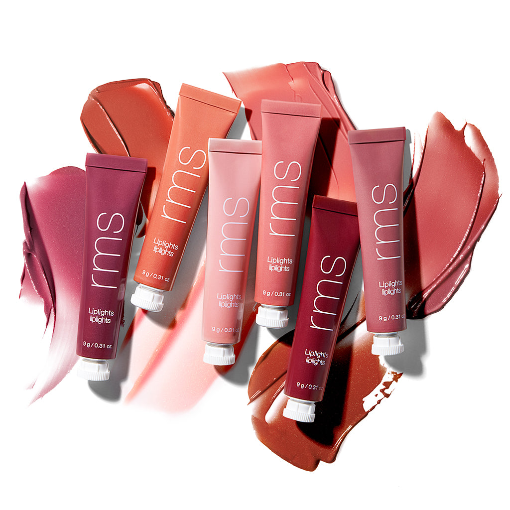 Six tubes of Liplights Cream Lip Gloss in various shades arranged over matching creamy swatches, highlighting smooth texture and natural ingredients.
