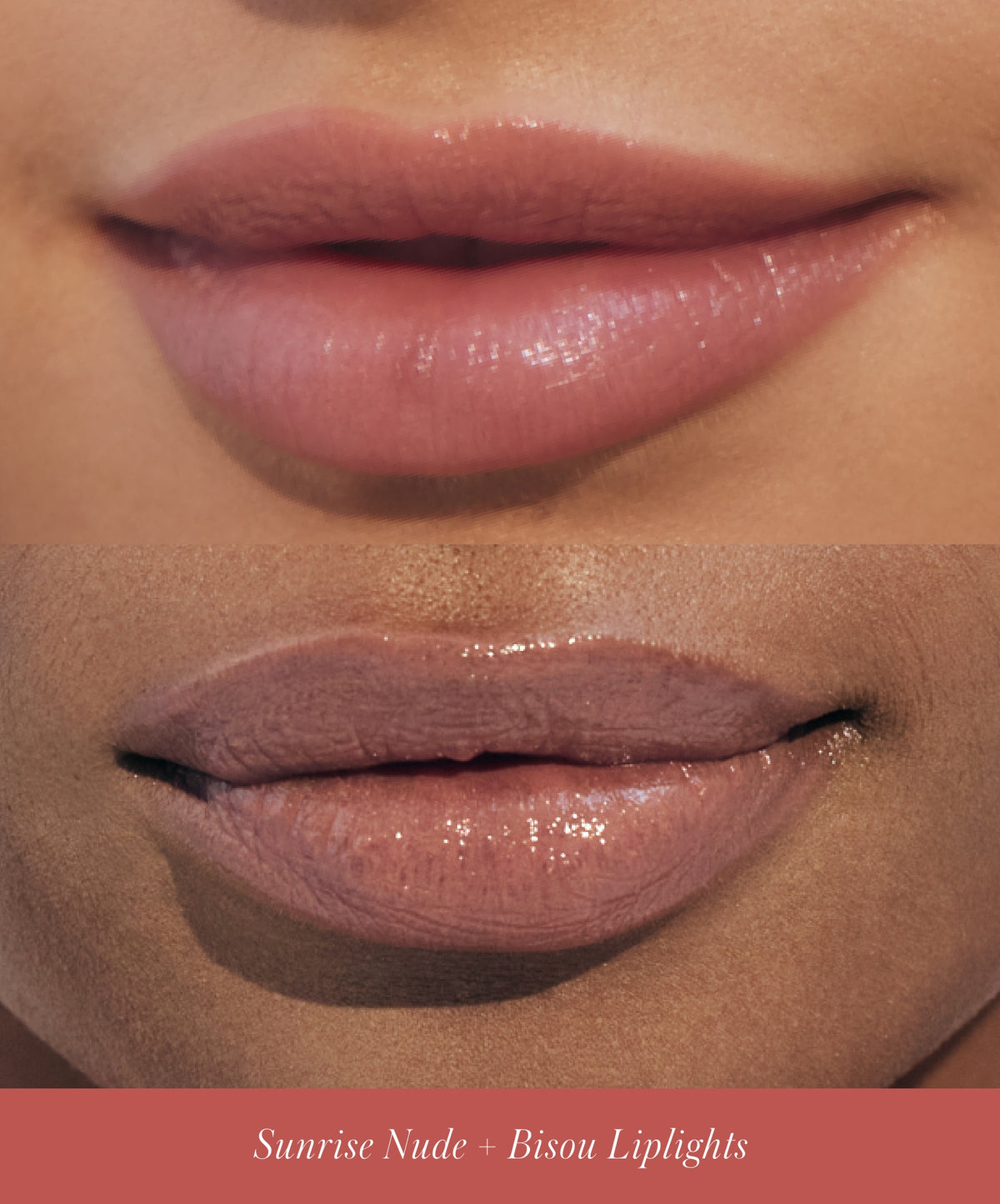 Close-up of models wearing RMS Go Nude Lip Pencil in shade Sunrise Nude and RMS Liplights Cream Lip Gloss in shade Bisou