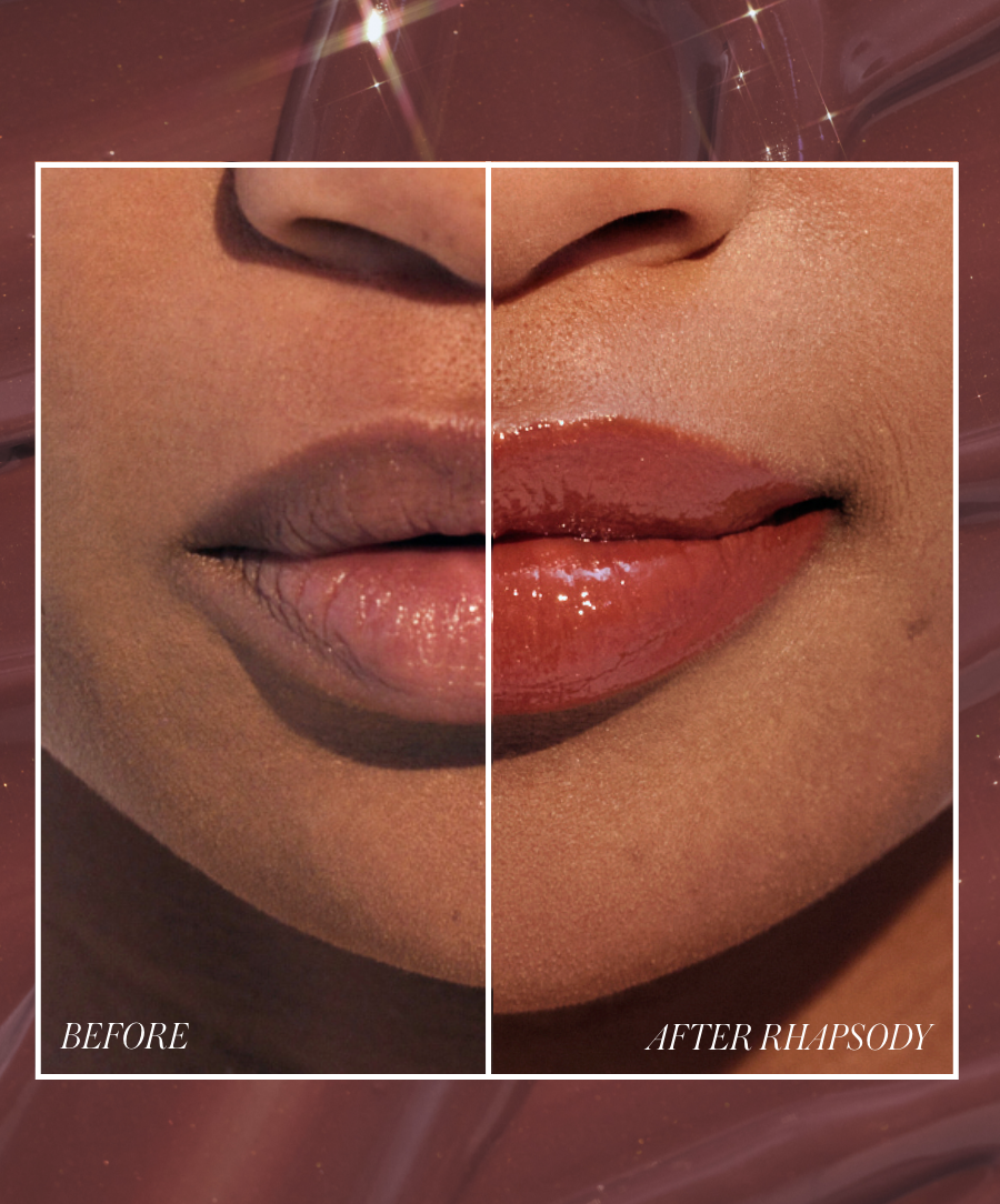 Close-up comparison of lips before and after applying Liplights Cream Lip Gloss, showing a smooth, glossy, and natural-looking finish with clean beauty ingredients.