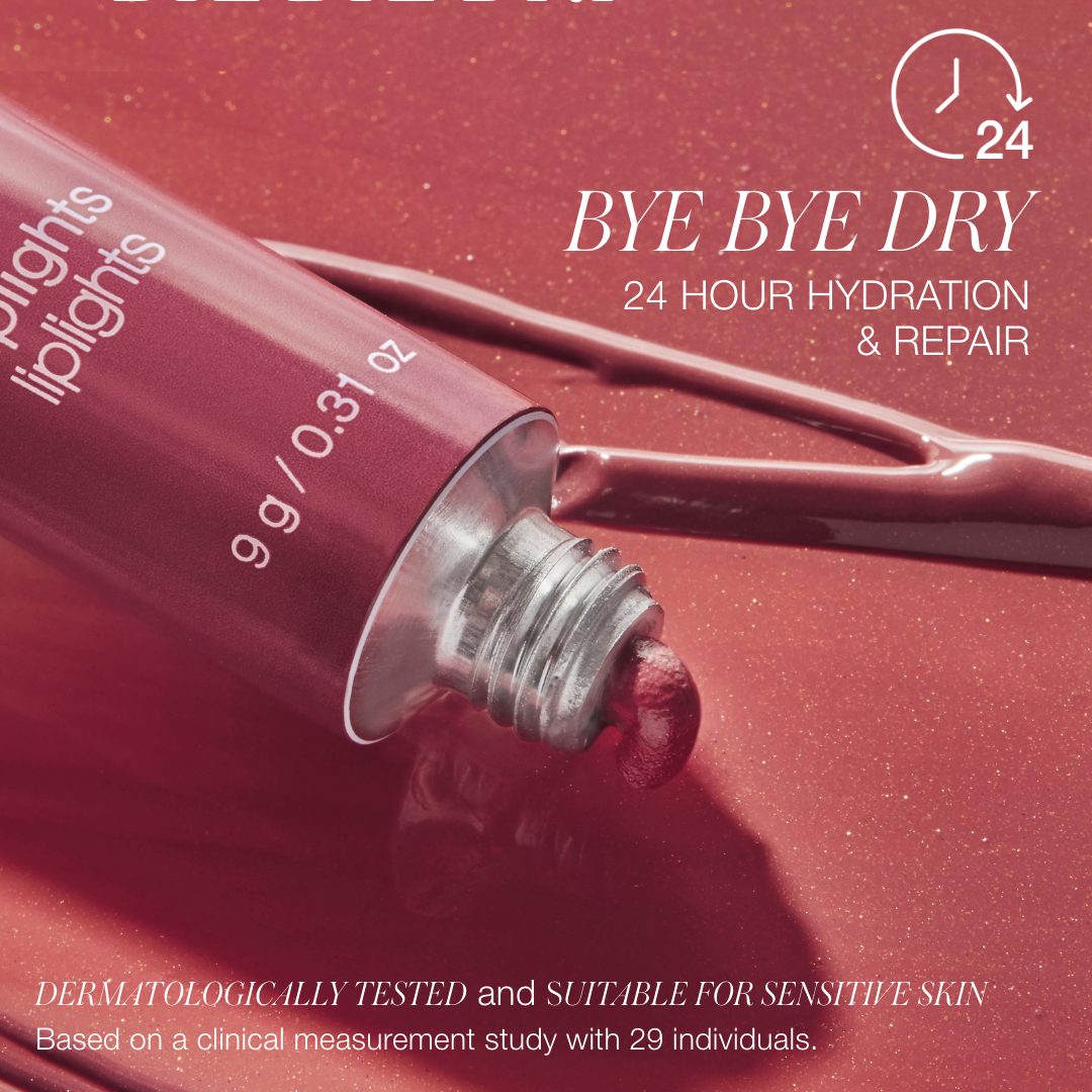 Liplights Cream Lip Gloss tube squeezing out glossy mauve cream on a matching surface, highlighting 24-hour hydration and repair for dry lips, dermatologist tested and suitable for sensitive skin.