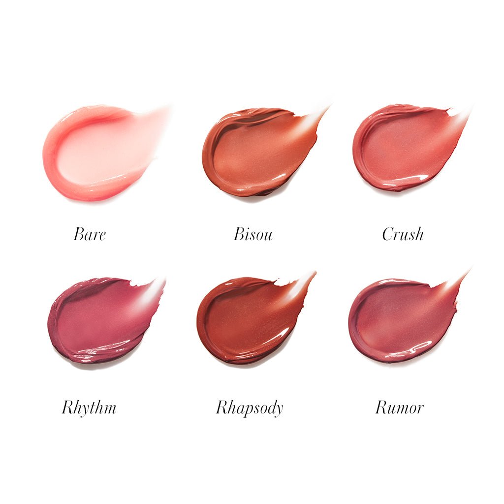 Swatches of Liplights Cream Lip Gloss in six shades including Bare, Bisou, Crush, Rhythm, Rhapsody, and Rumor, showcasing smooth, creamy texture and rich pigmentation.