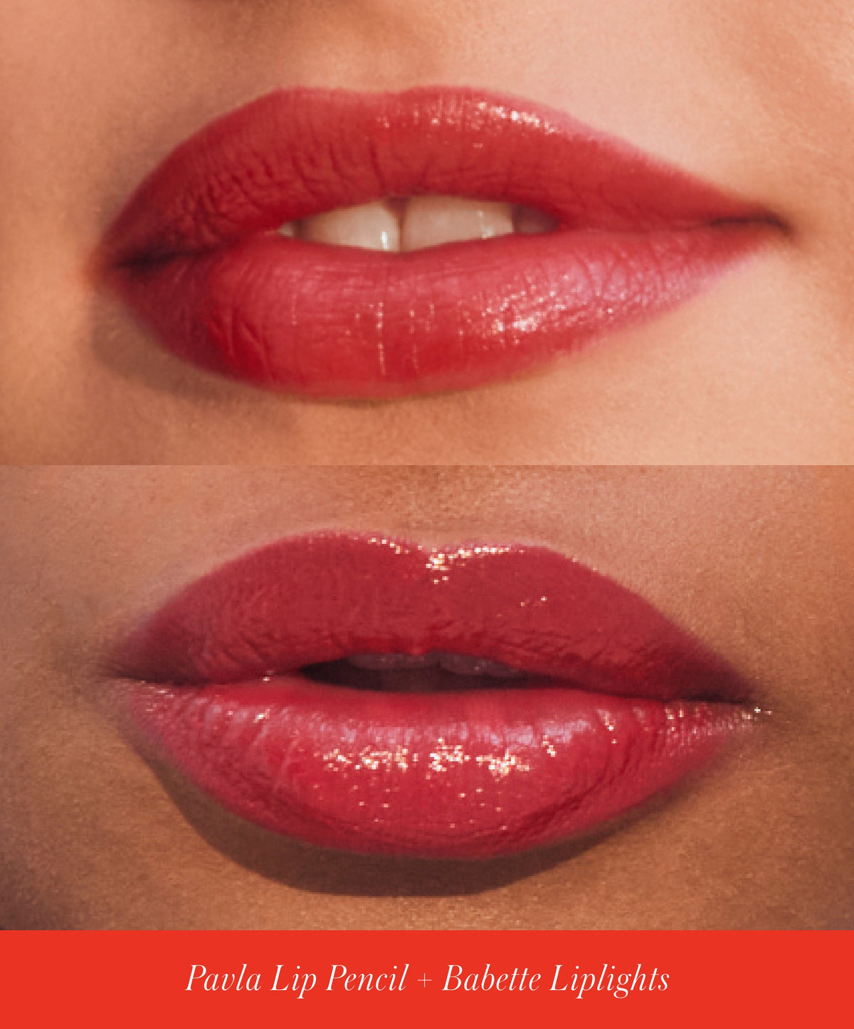 Close-up of models wearing RMS Go Nude Lip Pencil in shade Pavla Red and RMS Liplights Cream Lip Gloss in shade Babette