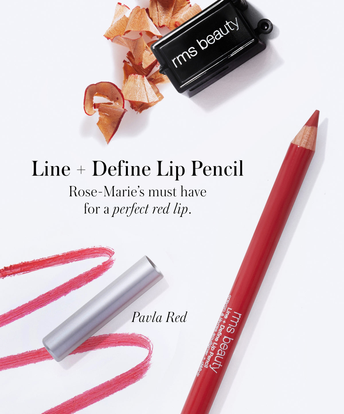RMS Go Nude Lip Pencil shade in Pavla Red and RMS Lip Pencil Sharpener