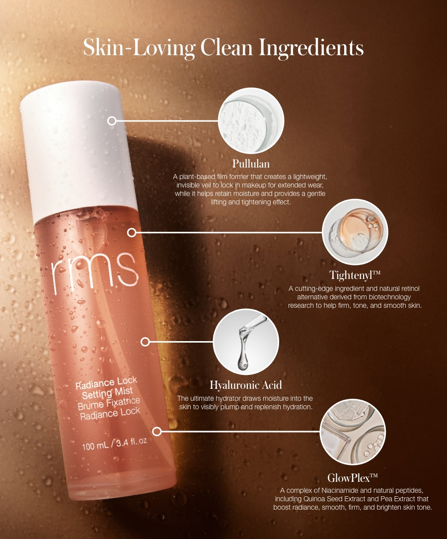 Bottle of Radiance Lock Setting Mist with water droplets on the surface, accompanied by close-up images and descriptions of its clean ingredients including Pullulan, Tightenyl™, Hyaluronic Acid, and GlowPlex™ promoting hydration, firming, and skin radiance.