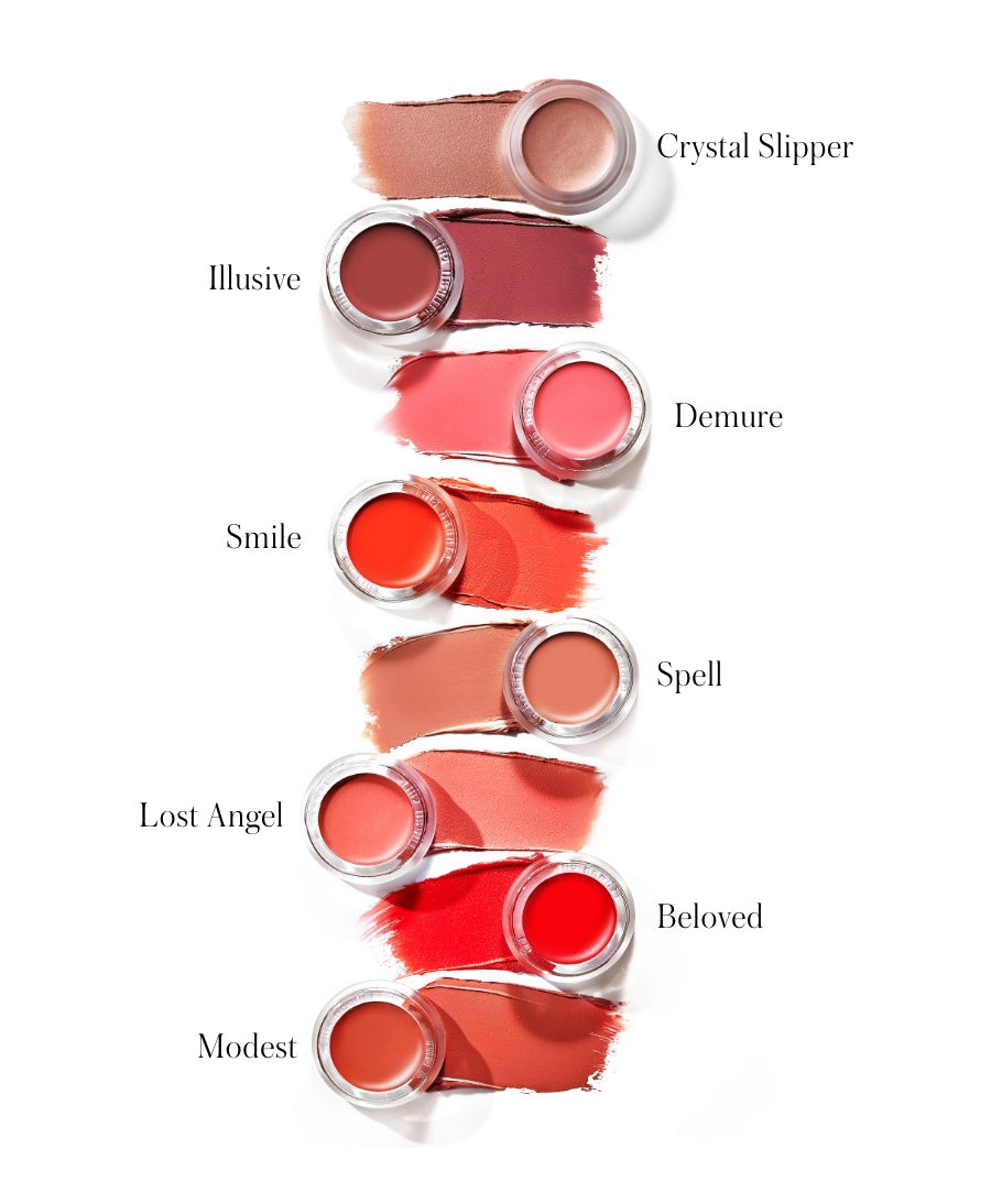 Lip2Cheek swatches in a range of natural tones including crystal slipper, illusive, demure, smile, spell, lost angel, beloved, and modest, showcasing clean beauty makeup options.