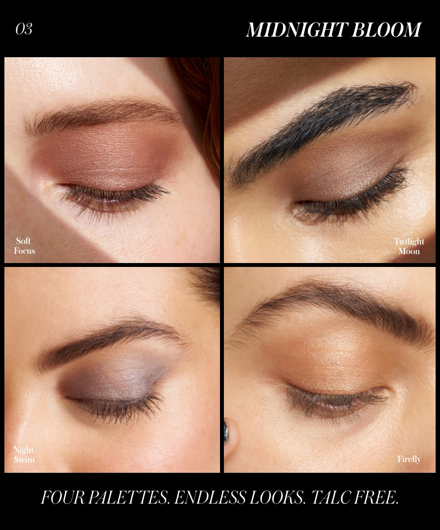 Close-up images of four eyes showcasing different neutral and muted eyeshadow shades labeled Soft Focus, Twilight Moon, Night Swim, and Firefly from the ReDimension Hydra Eyes Quartet collection.