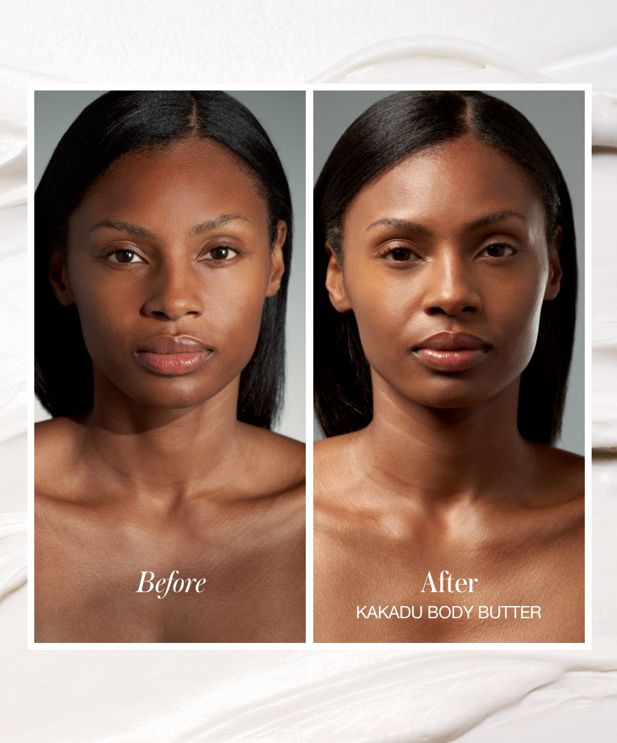 Before and after comparison of a woman’s skin showing enhanced radiance and hydration after using The Radiant Body Duo with Kakadu Body Butter, highlighting natural, clean beauty results.