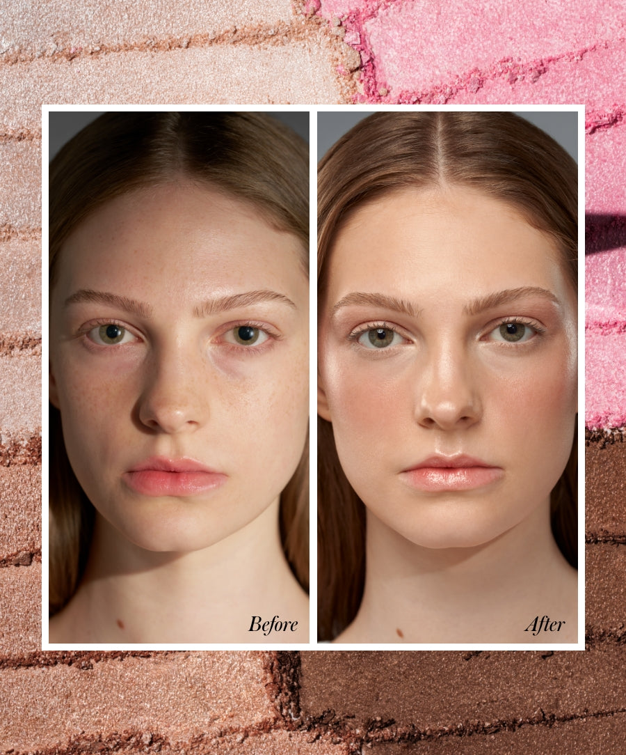 Before and after side-by-side comparison of a woman’s face showcasing natural, glowing skin achieved using the ReDimension Daily Glow Palette with clean beauty and skincare infused makeup.