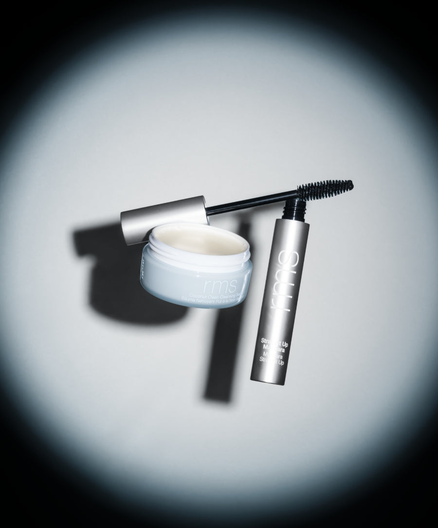 Clean Lash Duo: Peptides-Rich Mascara + Melting Balm with sleek silver packaging featuring a mascara wand and a balm jar, highlighting clean beauty and natural ingredients.