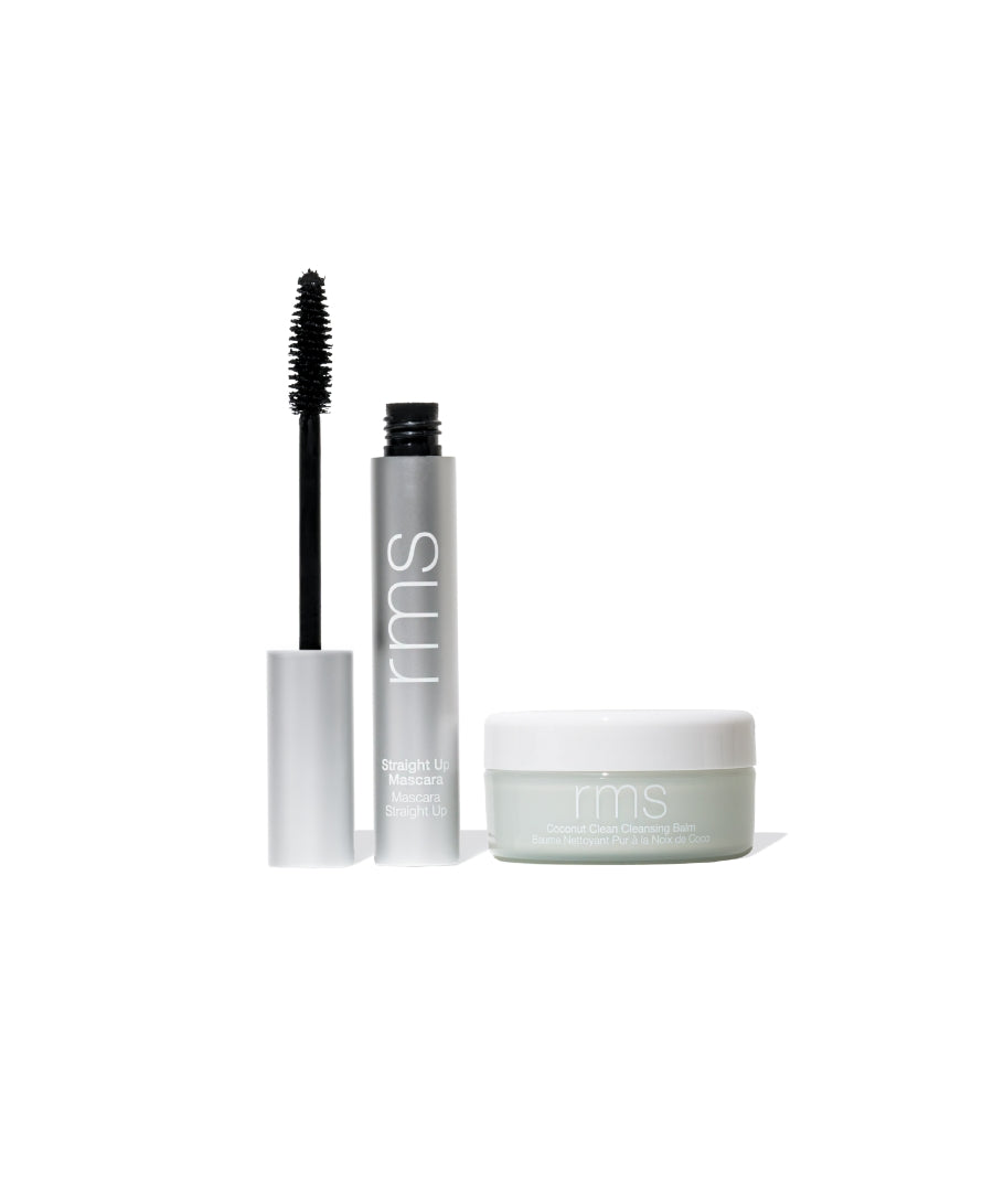 Clean Lash Duo: Peptides-Rich Mascara + Melting Balm with a sleek silver mascara tube and a small white jar of balm, featuring clean beauty and natural ingredients.