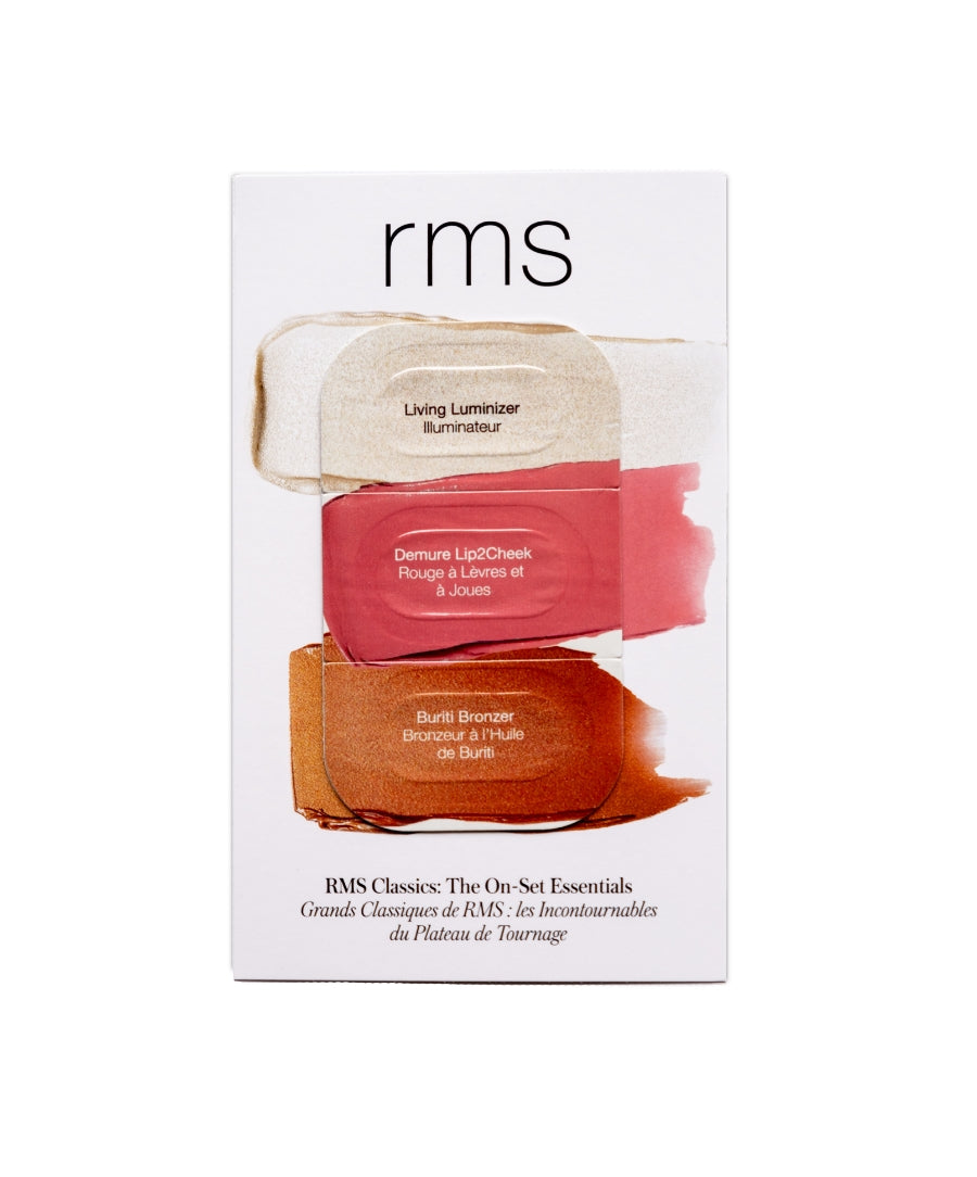 Packaging of Free Sample: The RMS Classics Essentials showing three makeup swatches labeled Living Luminizer, Demure Lip2Cheek, and Buriti Bronzer, highlighting clean beauty and natural ingredients by RMS Beauty.