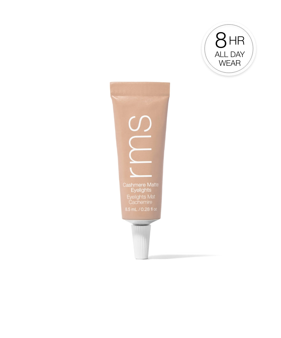 Tube of Cashmere Matte Eyelights eyeshadow in a neutral taupe shade with all-day 8-hour wear claim, featuring clean beauty and natural ingredients by RMS Beauty.