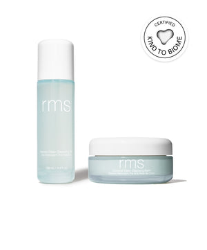 Double Clean Cleanser Duo by rms beauty featuring a refreshing cleansing gel and a nourishing cleansing balm in minimalist recyclable packaging, certified kind to biome.