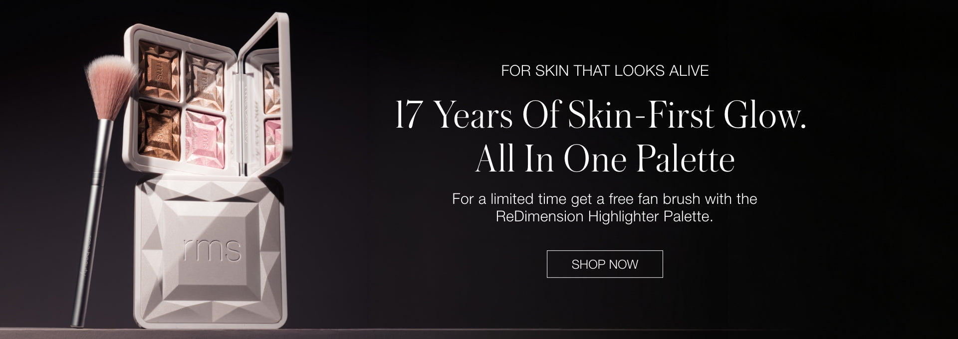 Open RMS Beauty makeup palette with highlighter shades and a fan brush, displayed against a dark background with promotional text about skin-first glow and a limited-time offer.