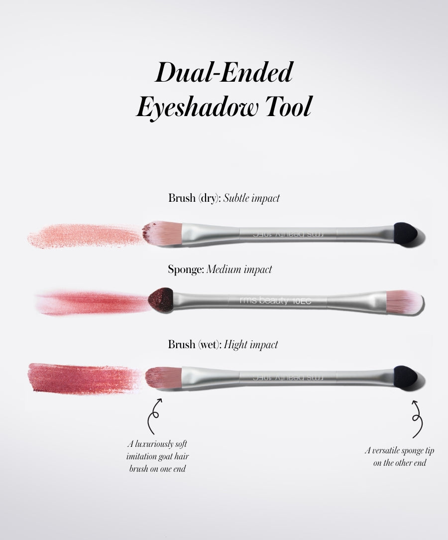 ReDimension Hydra Eyes Quartet dual-ended eyeshadow tool featuring a luxuriously soft imitation goat hair brush, versatile sponge tip, and variations for subtle to high impact makeup application.