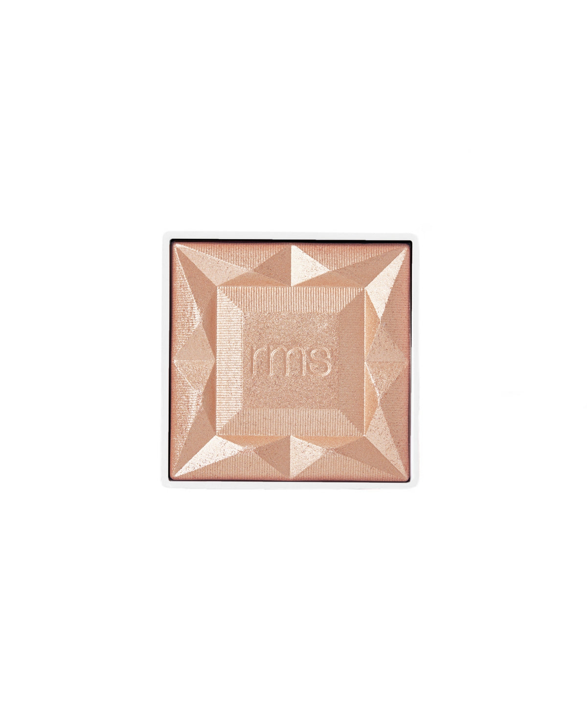 Square-shaped compact of ReDimension Hydra Dew Luminizer with a faceted design and embossed "rms" logo, featuring a soft champagne shimmer finish.
