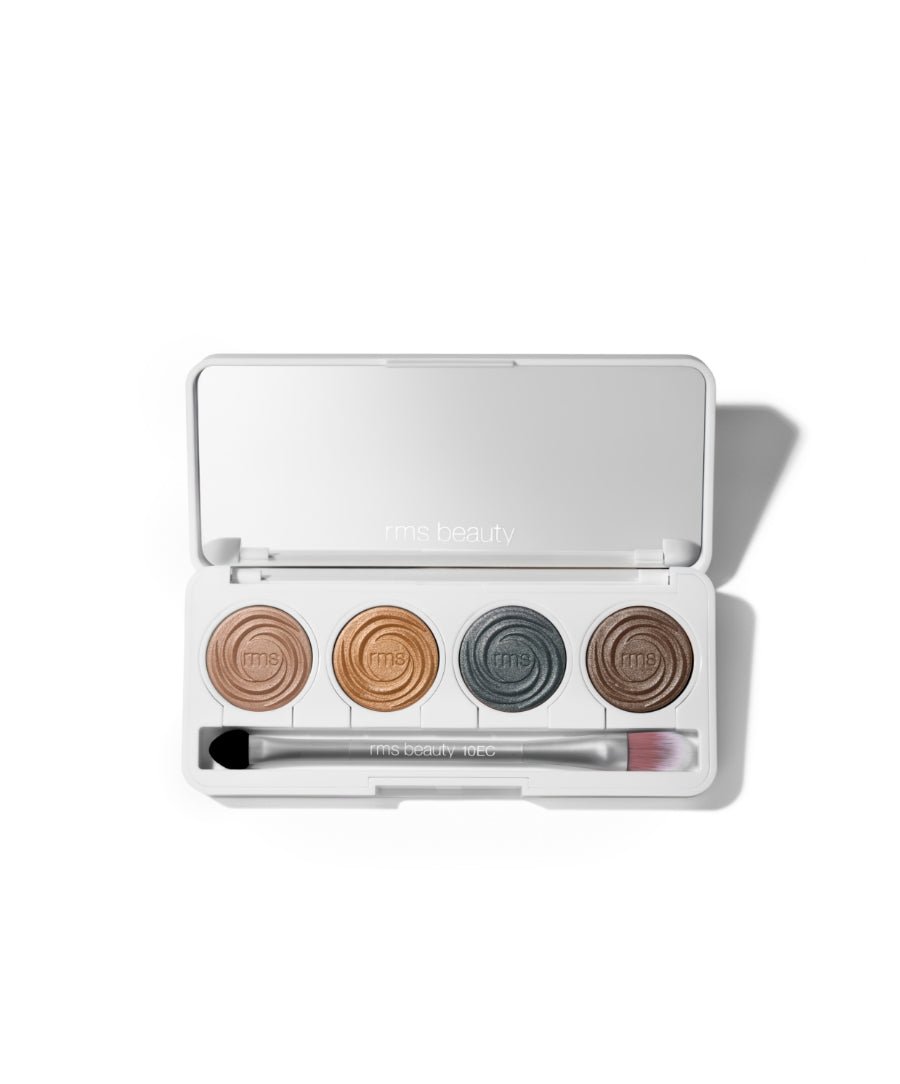 ReDimension Hydra Eyes Quartet featuring four neutral and smoky cream eyeshadow shades with a dual-ended applicator in a sleek white compact for versatile, clean beauty makeup looks.