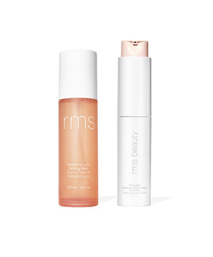 The Prep & Set Duo featuring a translucent setting mist and a white sleek primer bottle with natural and clean beauty packaging from RMS Beauty.